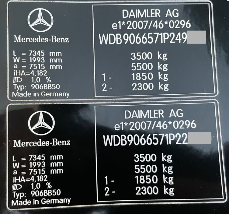 Mercedes 519 KA этикетка с весами и VIN