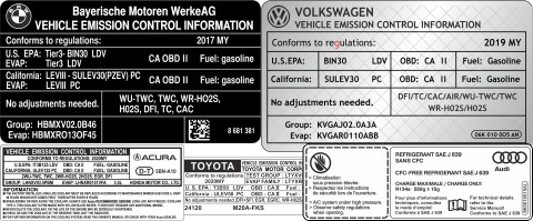 Наклейка про рівні виділення вихлопних газів, відповідність екологічним стандартам